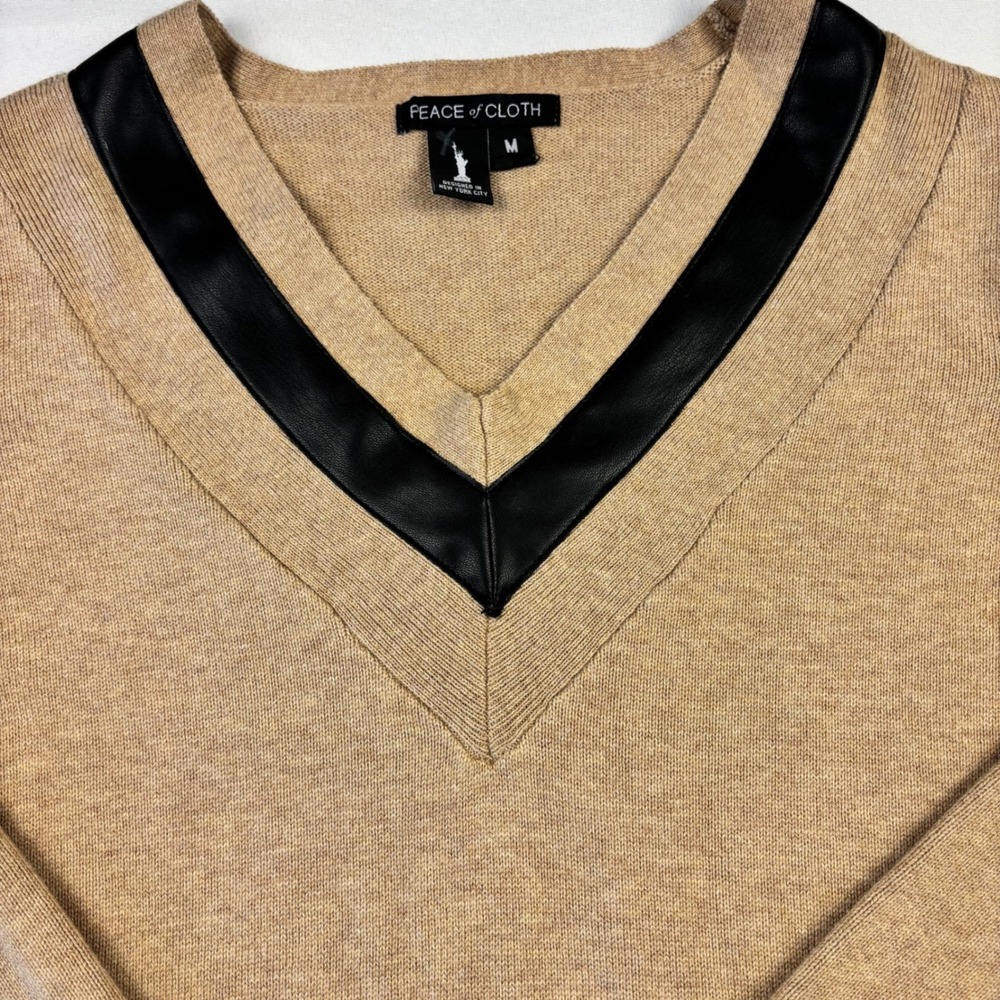 Peace of Cloth V Neck Knit Sweater Long Sleeve Faux Leather Trim Tan Womens Sz M